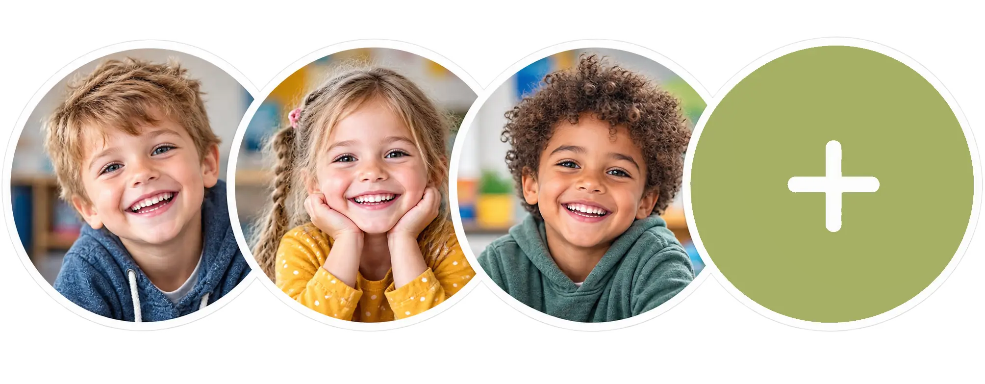 familienzentrum_vierlinden_anmeldung Drei lächelnde Kindergartenkinder in runden Bildausschnitten, daneben ein grüner Kreis mit weißem Pluszeichen.